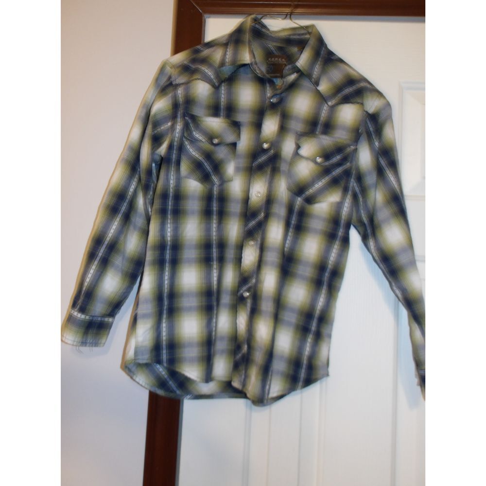 Roper Western Plaid Pearl Snap Shirt Navy Blue & Yellow Gradient Long Sleeve
